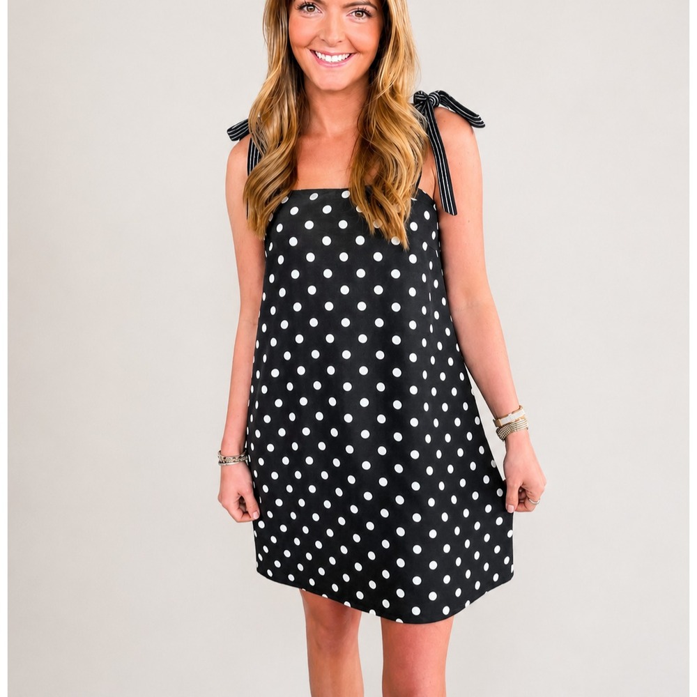 J. Crew Polka Dot Shift Dress Sz 6 Linen Silk Navy Tie Straps Preppy Retro Mod